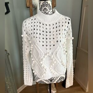 White Knit Sweater with Pom Pom Details